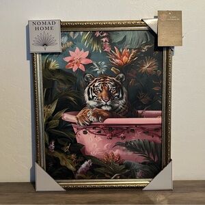 Nomad Home Tiger in Pink Bathtub Jungle Vibrant Wall Art with Gold Frame